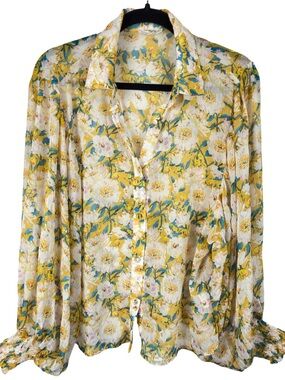 eesome Yellow Floral Button-Down Oversized Flowy Blouse